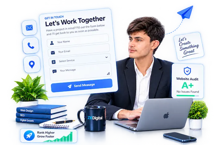 Zakriya Tech contact page illustration featuring web design, SEO, website audit and digital growth