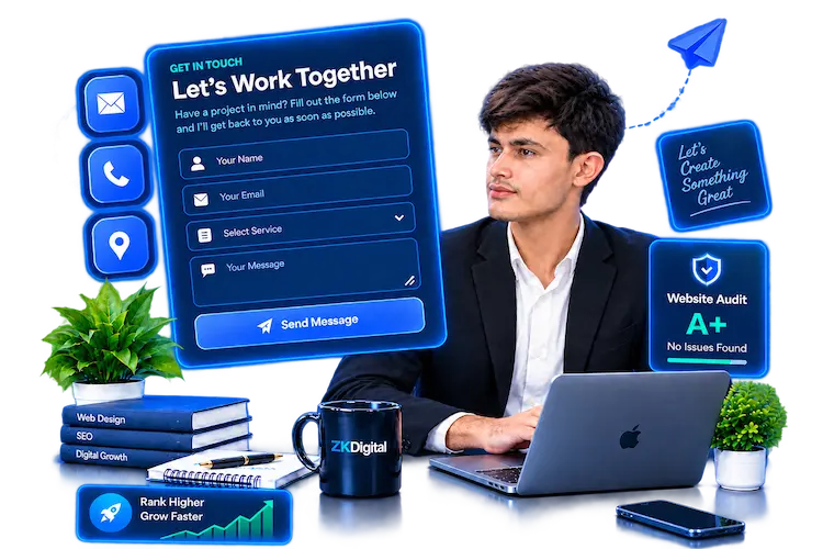 Zakriya Tech contact page illustration featuring web design, SEO, website audit and digital growth